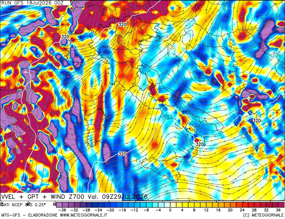 mappa 700 hPa Velocità verticiali + GPT + Vento