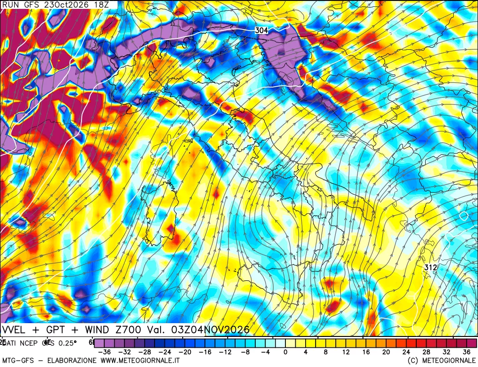 mappa 700 hPa Velocità verticiali + GPT + Vento