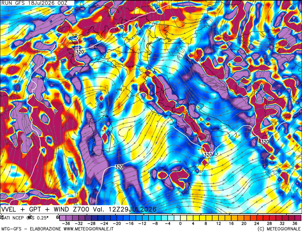 mappa 700 hPa Velocità verticiali + GPT + Vento