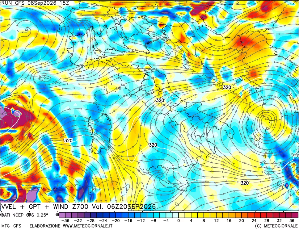 mappa 700 hPa Velocità verticiali + GPT + Vento