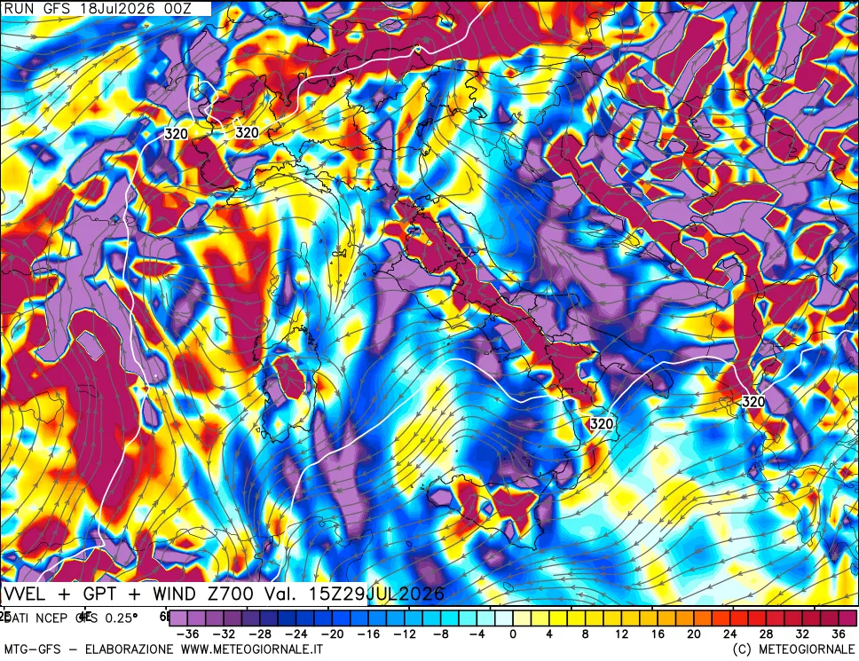 mappa 700 hPa Velocità verticiali + GPT + Vento