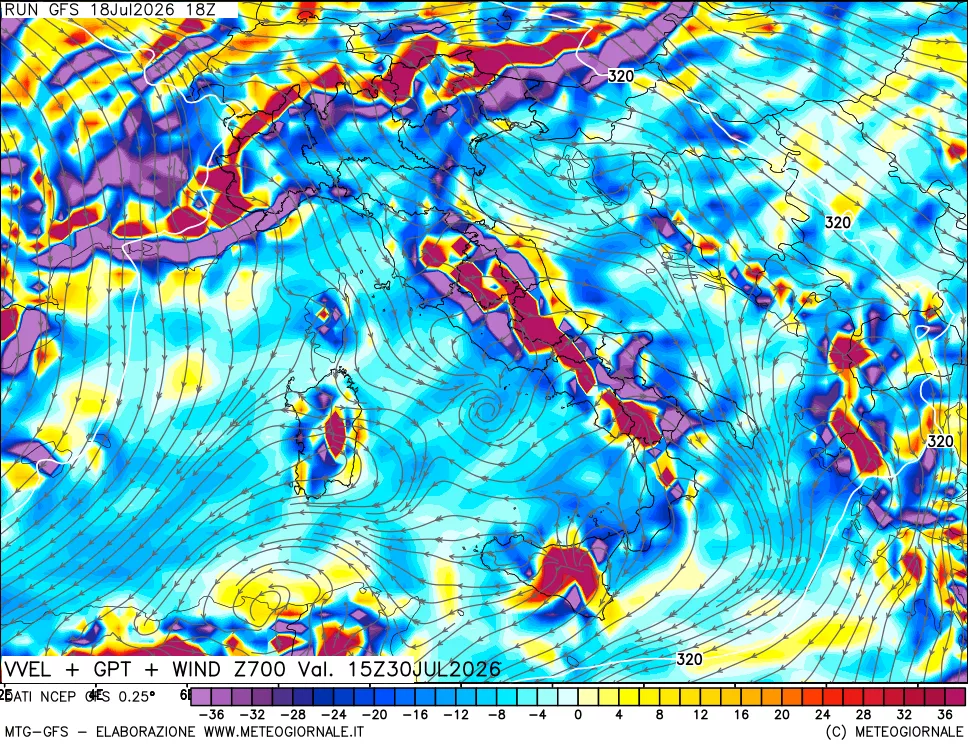 mappa 700 hPa Velocità verticiali + GPT + Vento