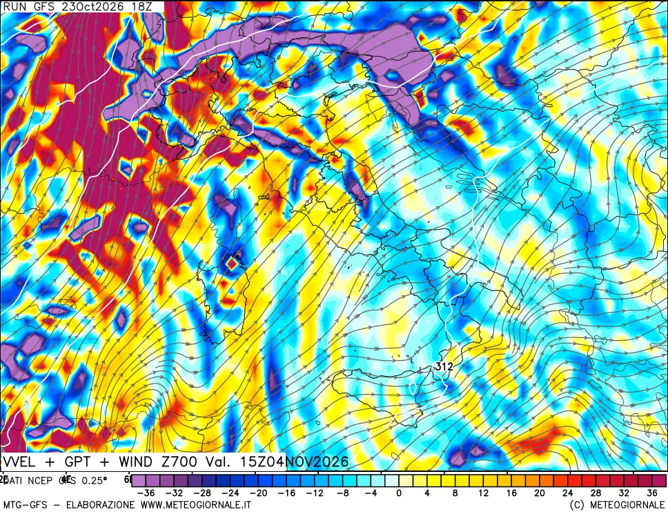 mappa 700 hPa Velocità verticiali + GPT + Vento