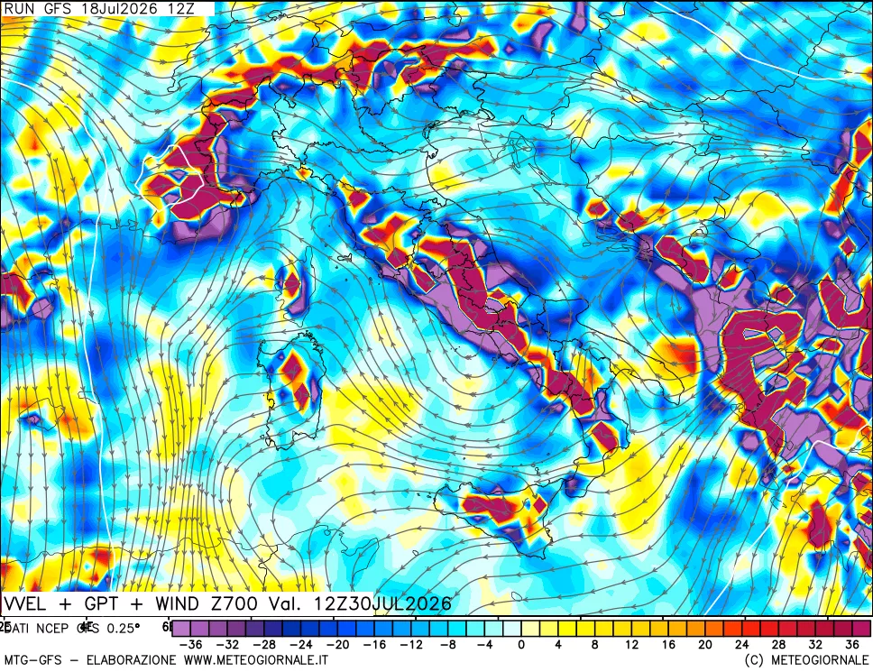mappa 700 hPa Velocità verticiali + GPT + Vento