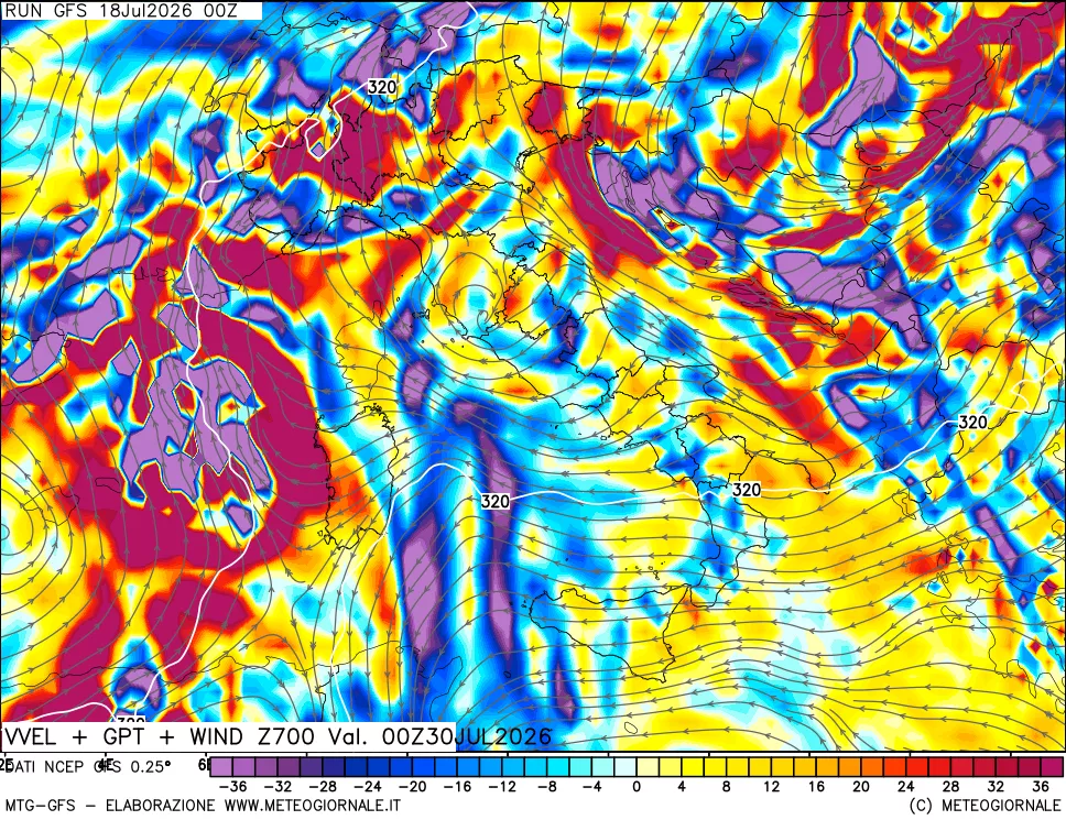 mappa 700 hPa Velocità verticiali + GPT + Vento