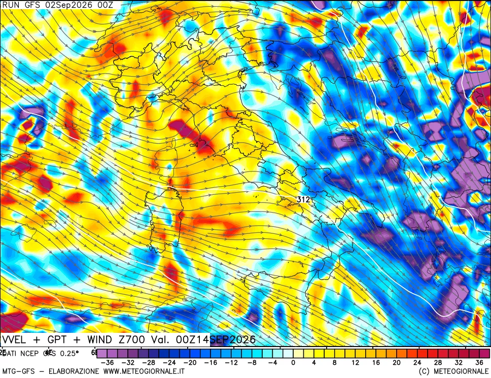 mappa 700 hPa Velocità verticiali + GPT + Vento