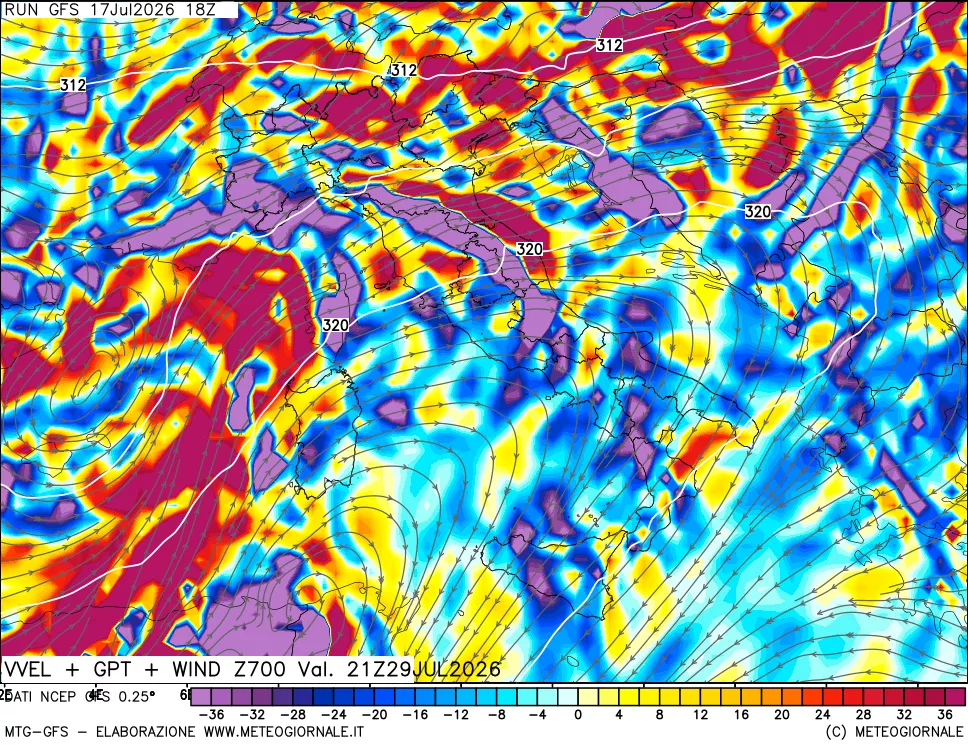 mappa 700 hPa Velocità verticiali + GPT + Vento