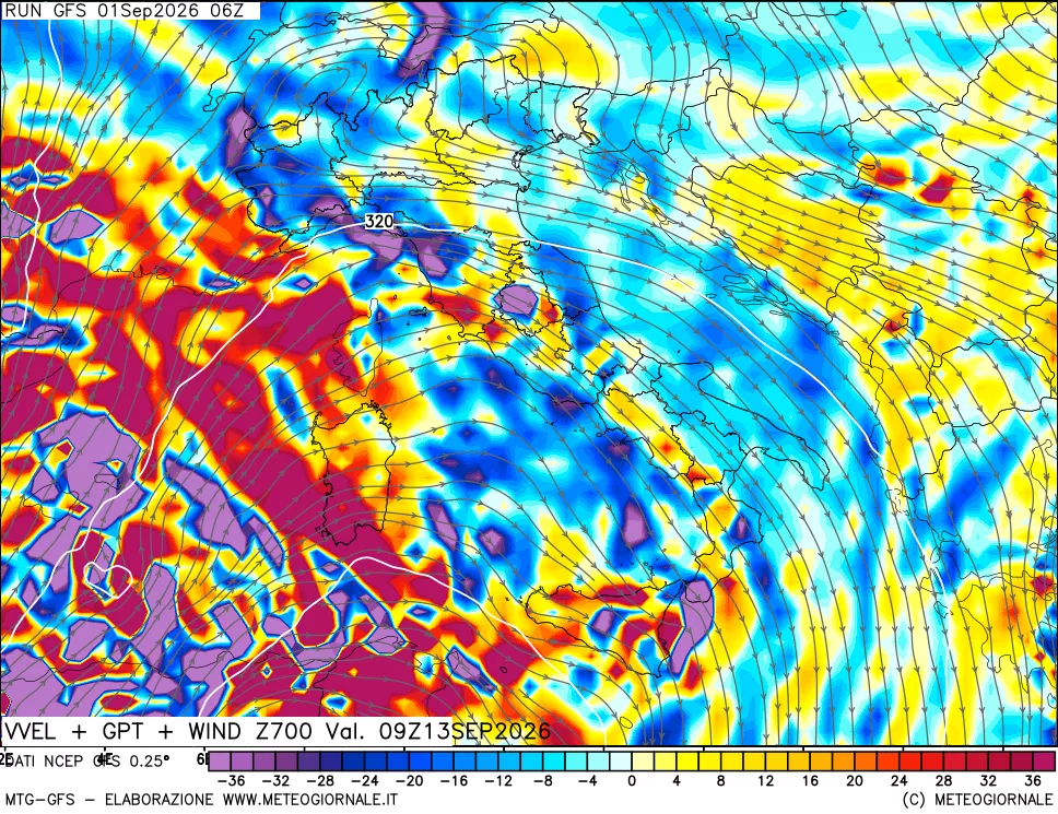mappa 700 hPa Velocità verticiali + GPT + Vento