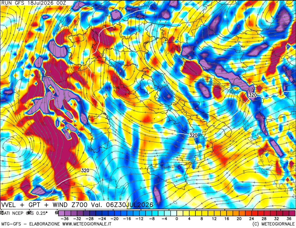 mappa 700 hPa Velocità verticiali + GPT + Vento