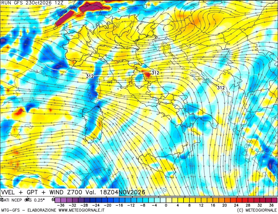 mappa 700 hPa Velocità verticiali + GPT + Vento