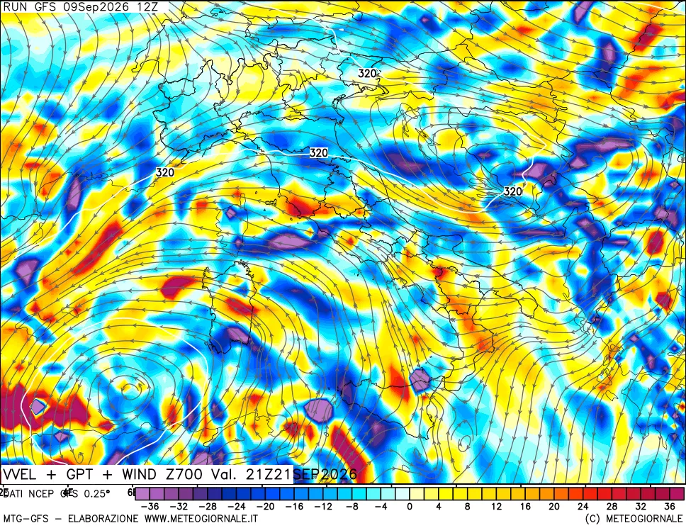 mappa 700 hPa Velocità verticiali + GPT + Vento