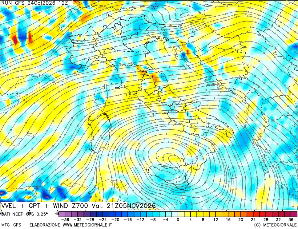 mappa 700 hPa Velocità verticiali + GPT + Vento