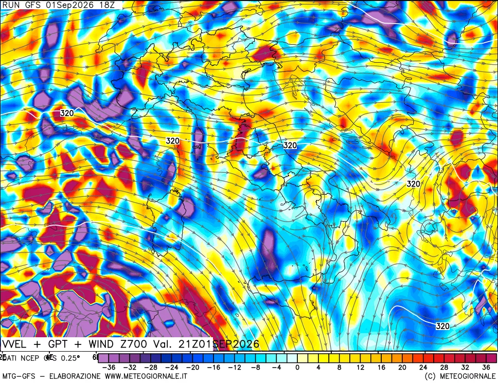 mappa 700 hPa Velocità verticiali + GPT + Vento