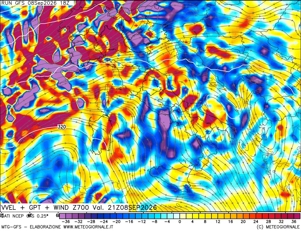 mappa 700 hPa Velocità verticiali + GPT + Vento