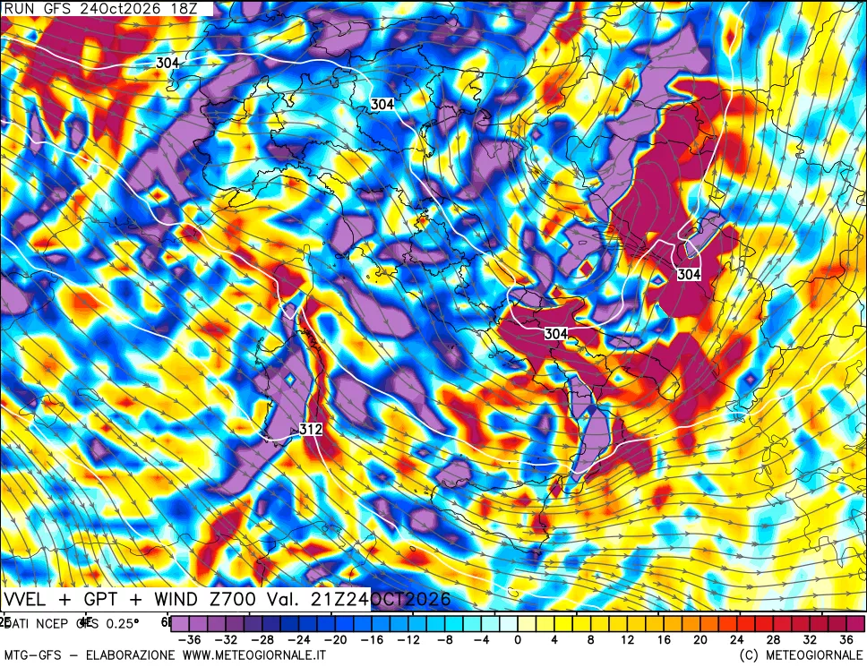 mappa 700 hPa Velocità verticiali + GPT + Vento