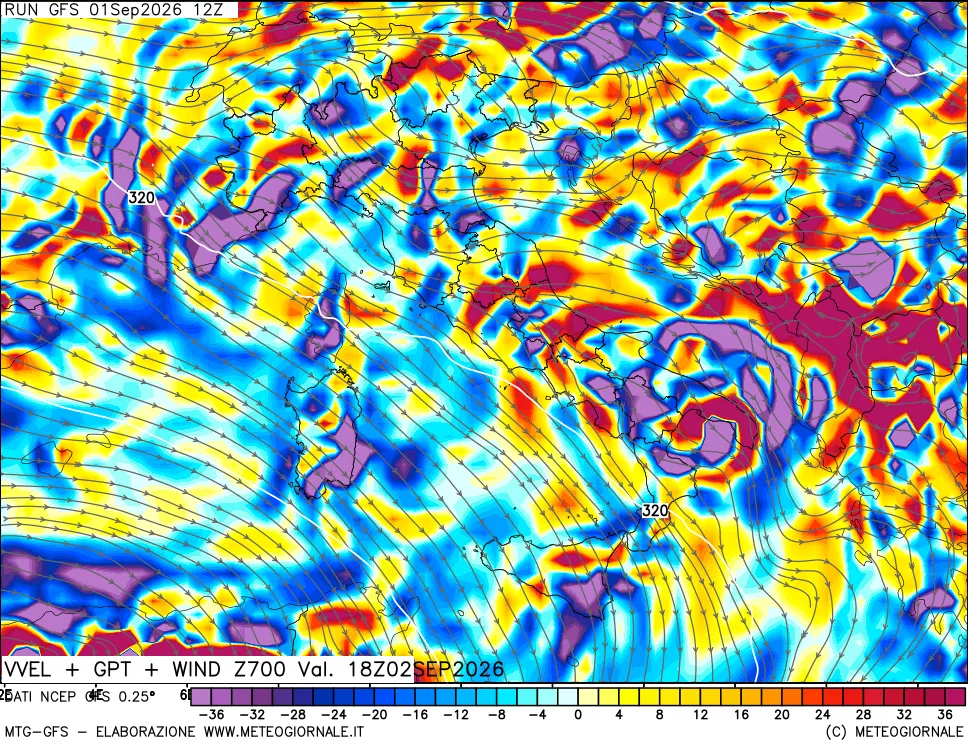 mappa 700 hPa Velocità verticiali + GPT + Vento