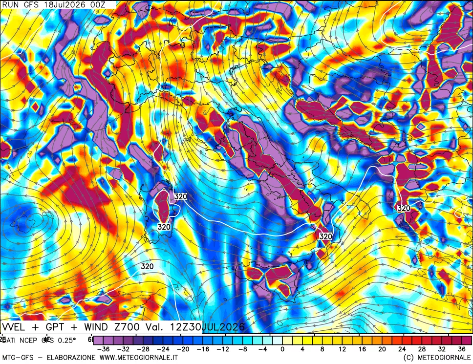 mappa 700 hPa Velocità verticiali + GPT + Vento