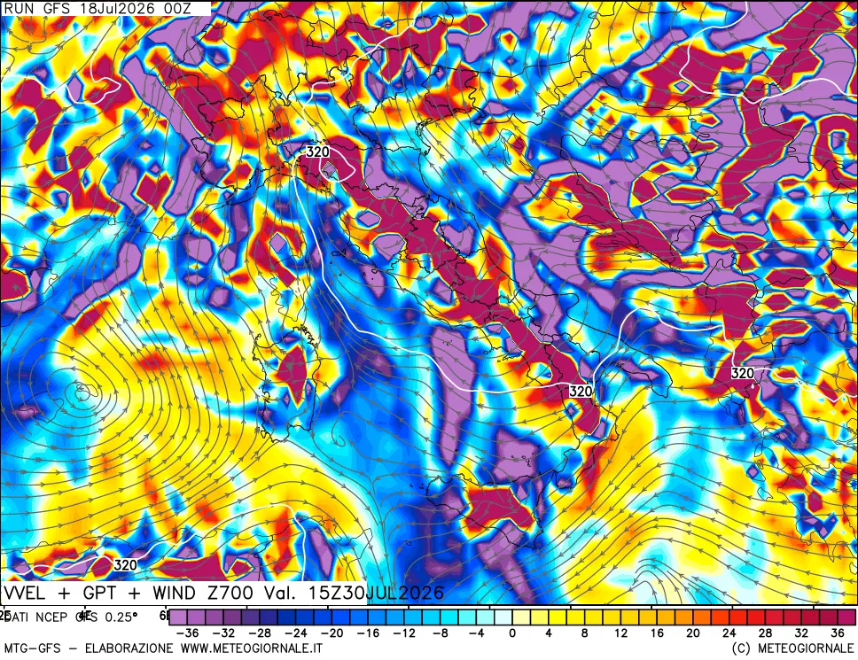 mappa 700 hPa Velocità verticiali + GPT + Vento