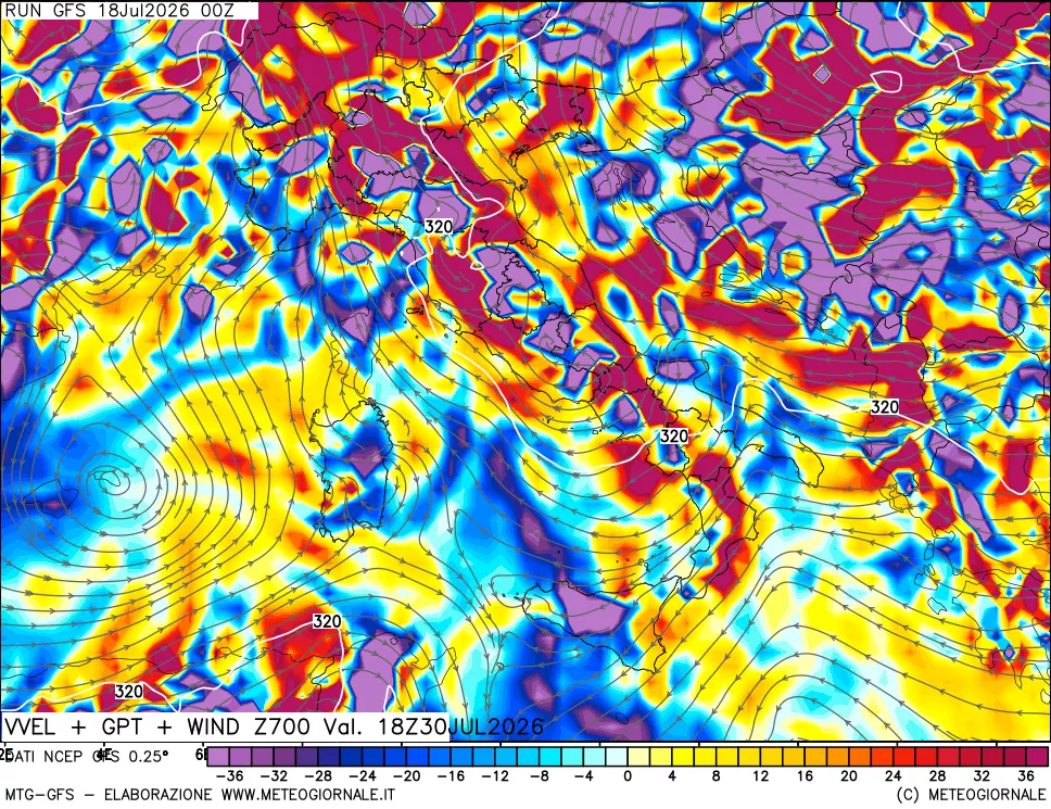 mappa 700 hPa Velocità verticiali + GPT + Vento