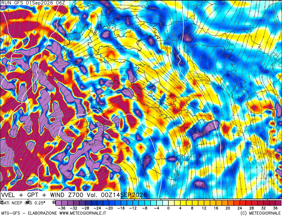 mappa 700 hPa Velocità verticiali + GPT + Vento