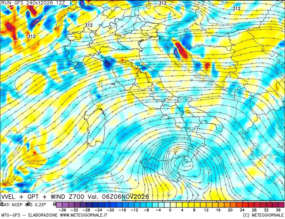 mappa 700 hPa Velocità verticiali + GPT + Vento