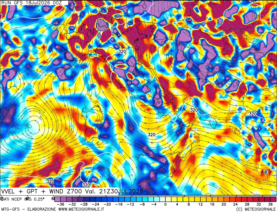 mappa 700 hPa Velocità verticiali + GPT + Vento