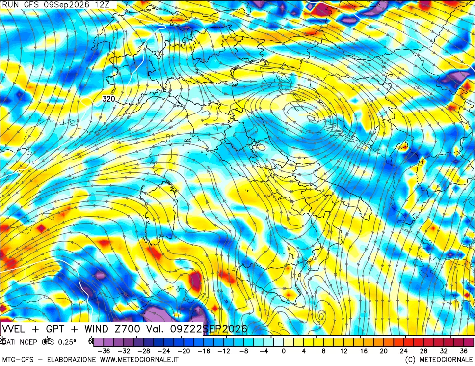 mappa 700 hPa Velocità verticiali + GPT + Vento