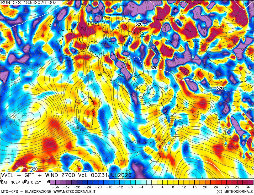 mappa 700 hPa Velocità verticiali + GPT + Vento