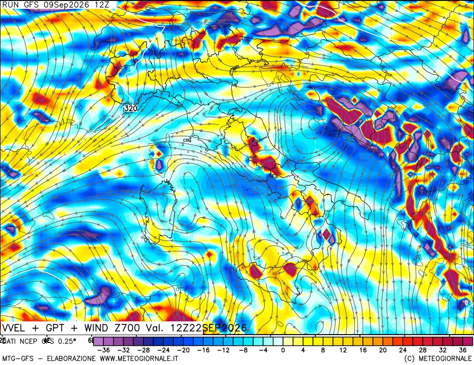 mappa 700 hPa Velocità verticiali + GPT + Vento