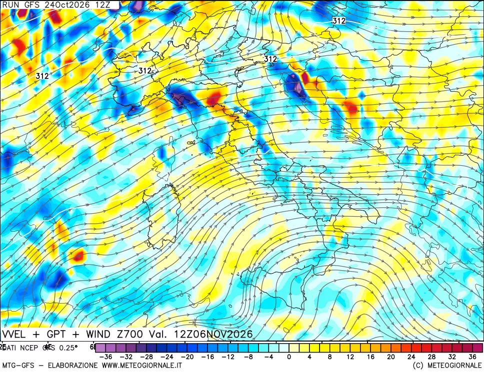 mappa 700 hPa Velocità verticiali + GPT + Vento