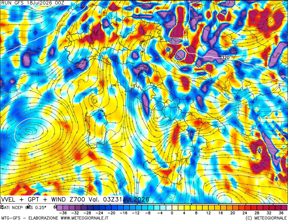mappa 700 hPa Velocità verticiali + GPT + Vento