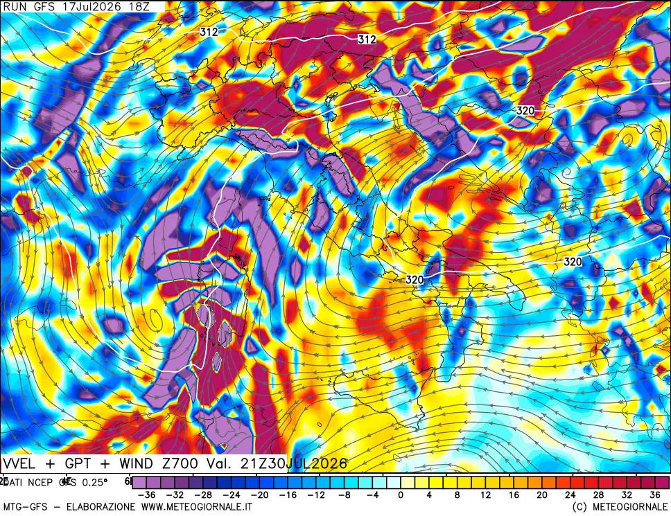 mappa 700 hPa Velocità verticiali + GPT + Vento
