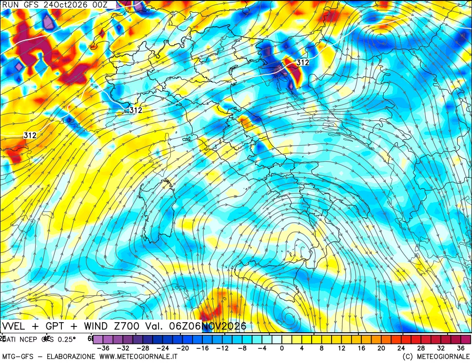 mappa 700 hPa Velocità verticiali + GPT + Vento
