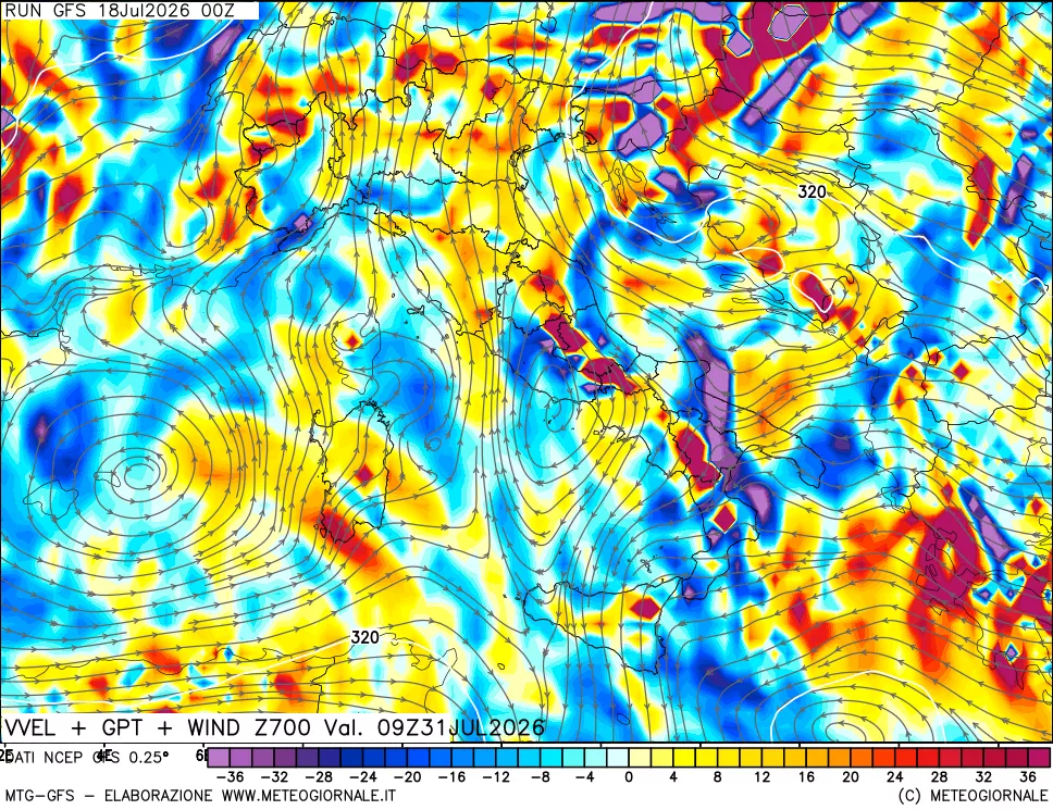 mappa 700 hPa Velocità verticiali + GPT + Vento