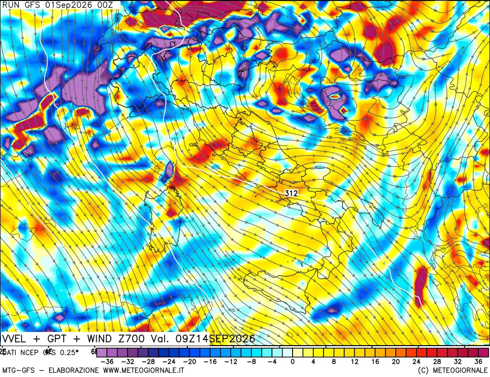 mappa 700 hPa Velocità verticiali + GPT + Vento