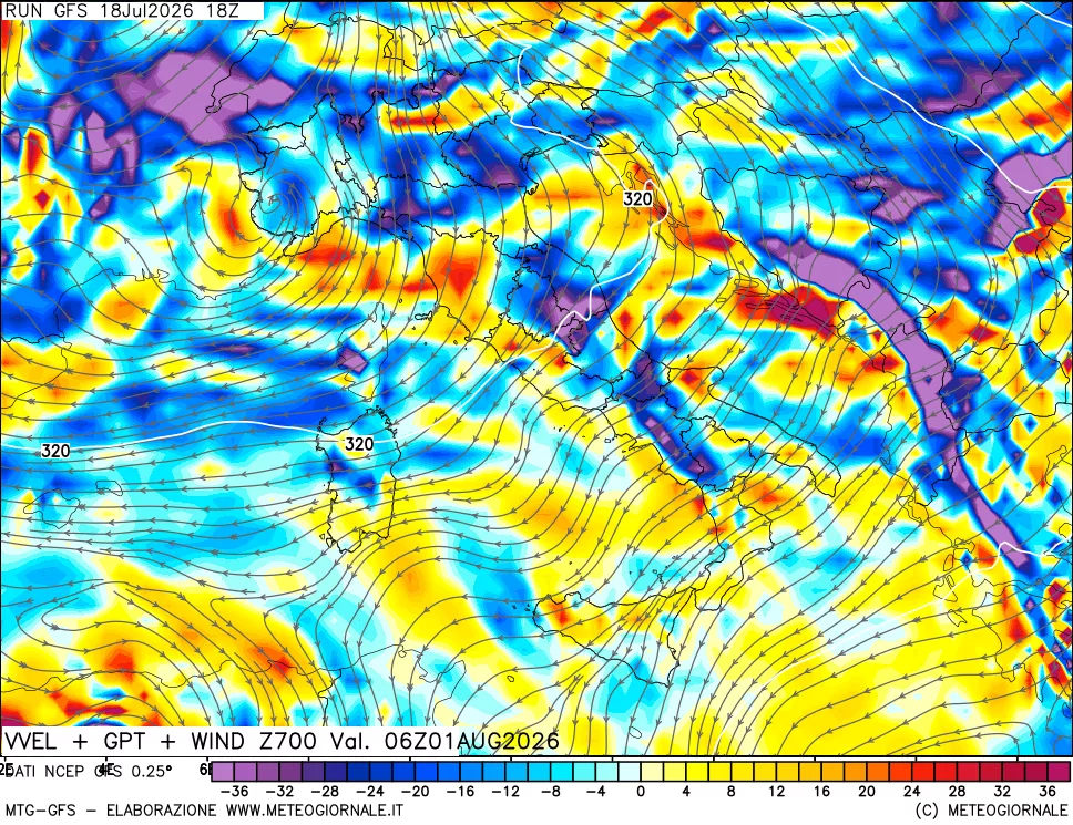 mappa 700 hPa Velocità verticiali + GPT + Vento