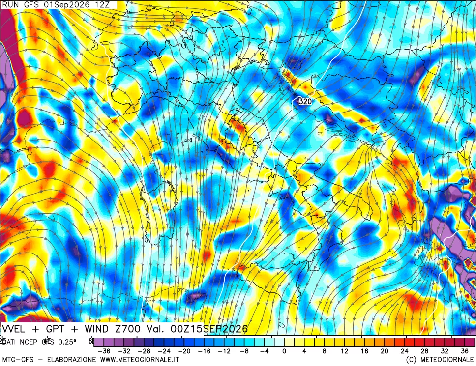 mappa 700 hPa Velocità verticiali + GPT + Vento