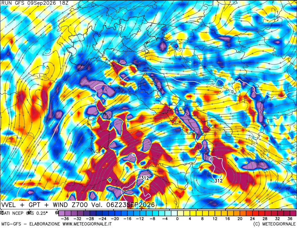 mappa 700 hPa Velocità verticiali + GPT + Vento