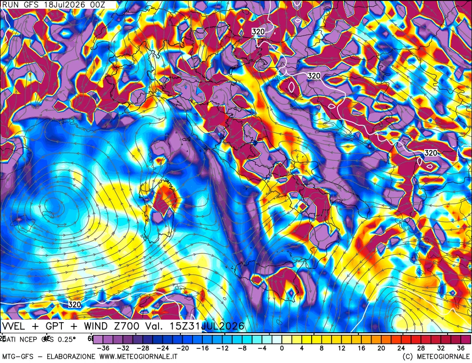 mappa 700 hPa Velocità verticiali + GPT + Vento
