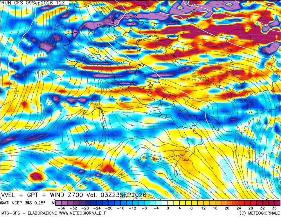 mappa 700 hPa Velocità verticiali + GPT + Vento