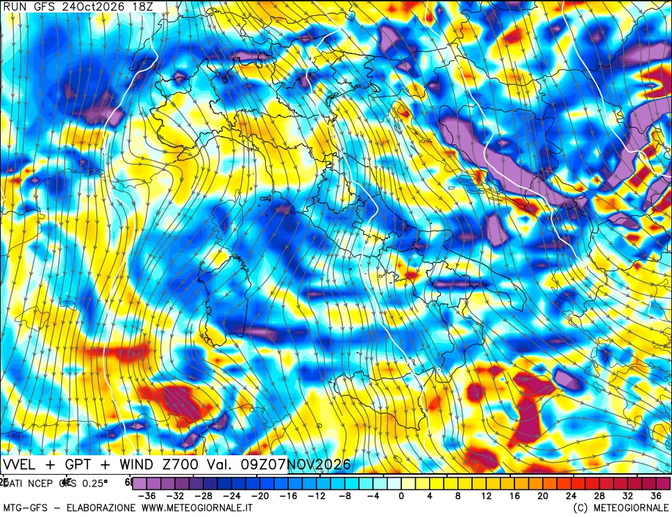 mappa 700 hPa Velocità verticiali + GPT + Vento