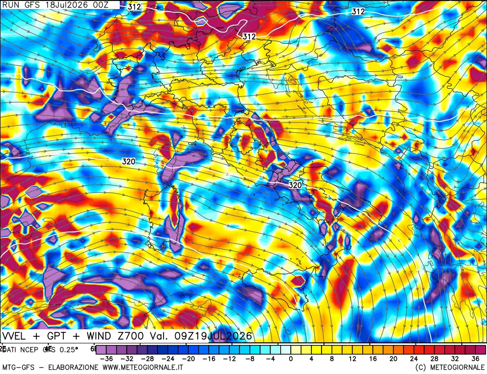 mappa 700 hPa Velocità verticiali + GPT + Vento