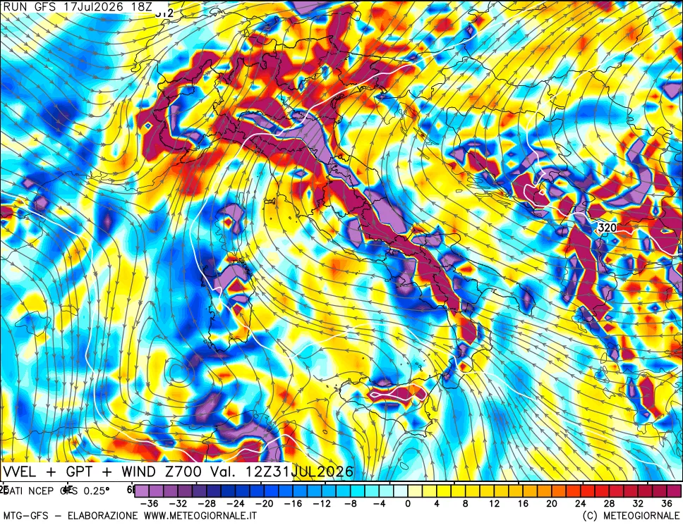 mappa 700 hPa Velocità verticiali + GPT + Vento