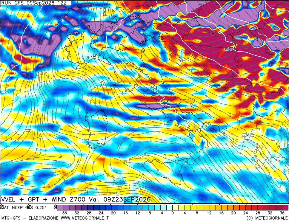 mappa 700 hPa Velocità verticiali + GPT + Vento