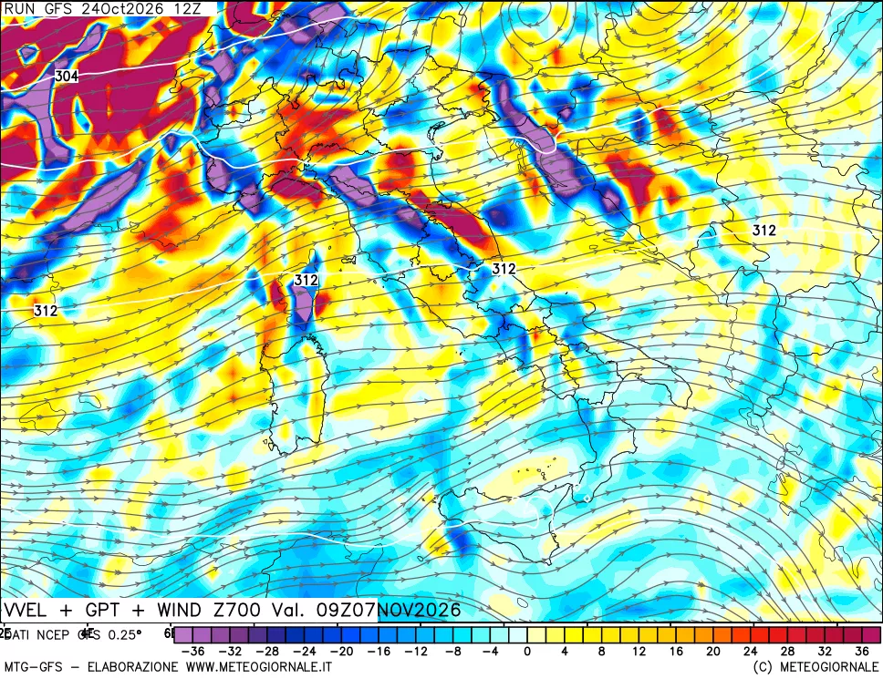 mappa 700 hPa Velocità verticiali + GPT + Vento