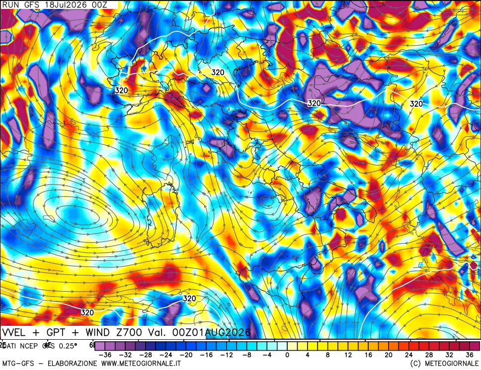 mappa 700 hPa Velocità verticiali + GPT + Vento