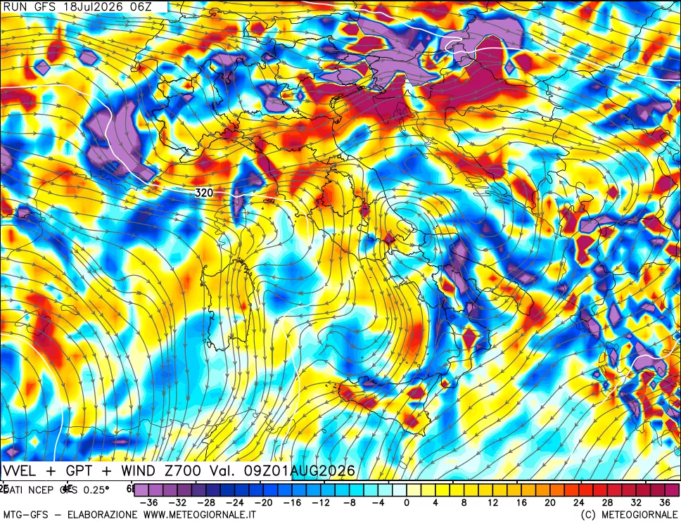mappa 700 hPa Velocità verticiali + GPT + Vento