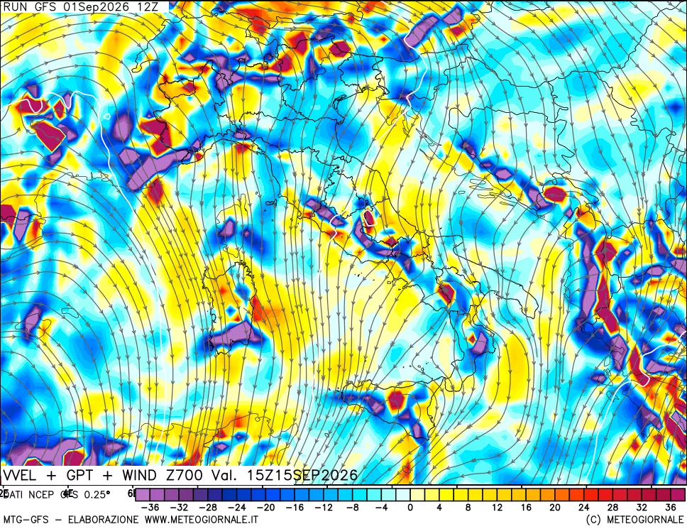 mappa 700 hPa Velocità verticiali + GPT + Vento