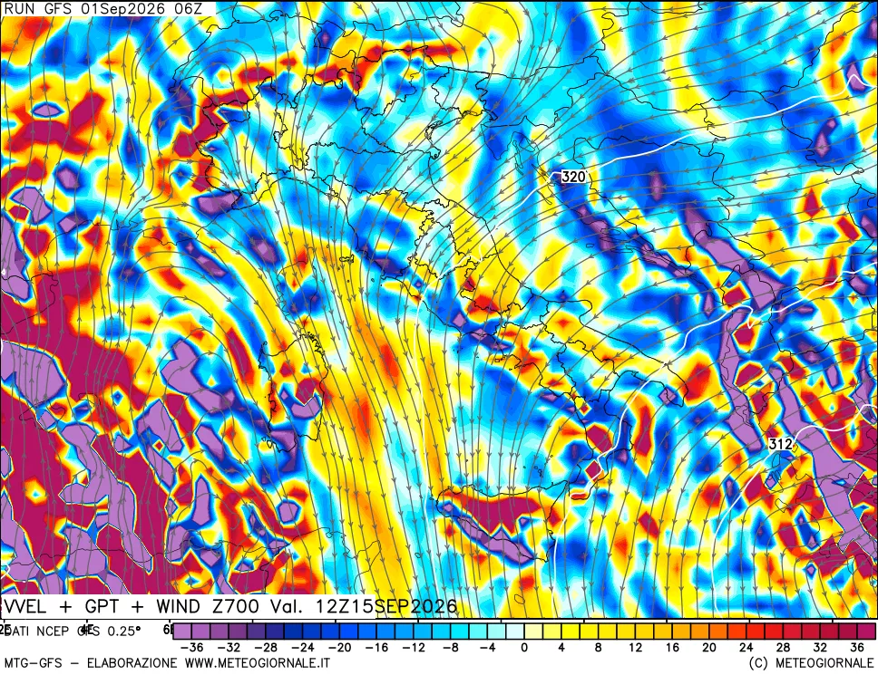 mappa 700 hPa Velocità verticiali + GPT + Vento