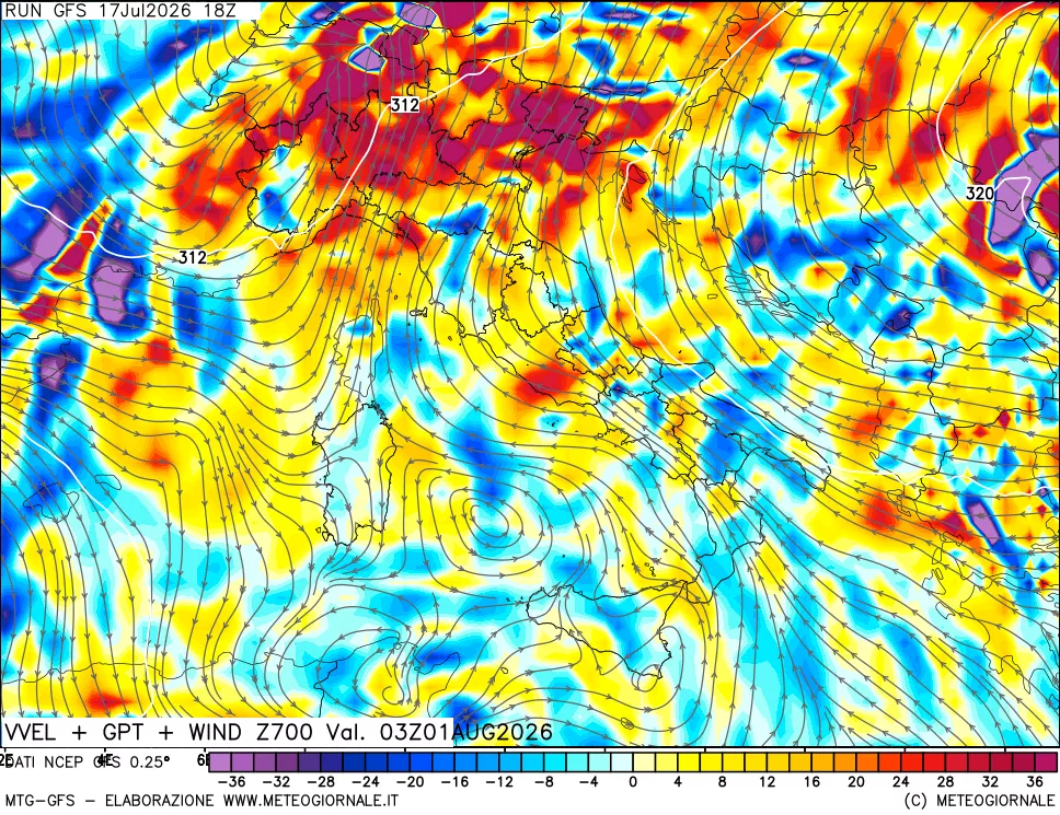 mappa 700 hPa Velocità verticiali + GPT + Vento